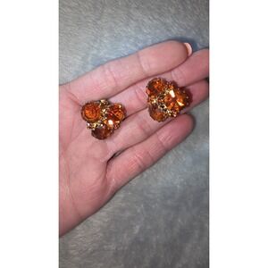 Vtg Weiss Amber Topaz Orange Rhinestone Multi Prong Cluster Clip Earrings